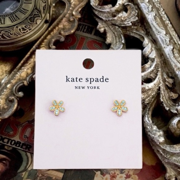 KATE SPADE • Gold Gleaming Gardenia Aquamarine Flower Earrings - Picture 4 of 5